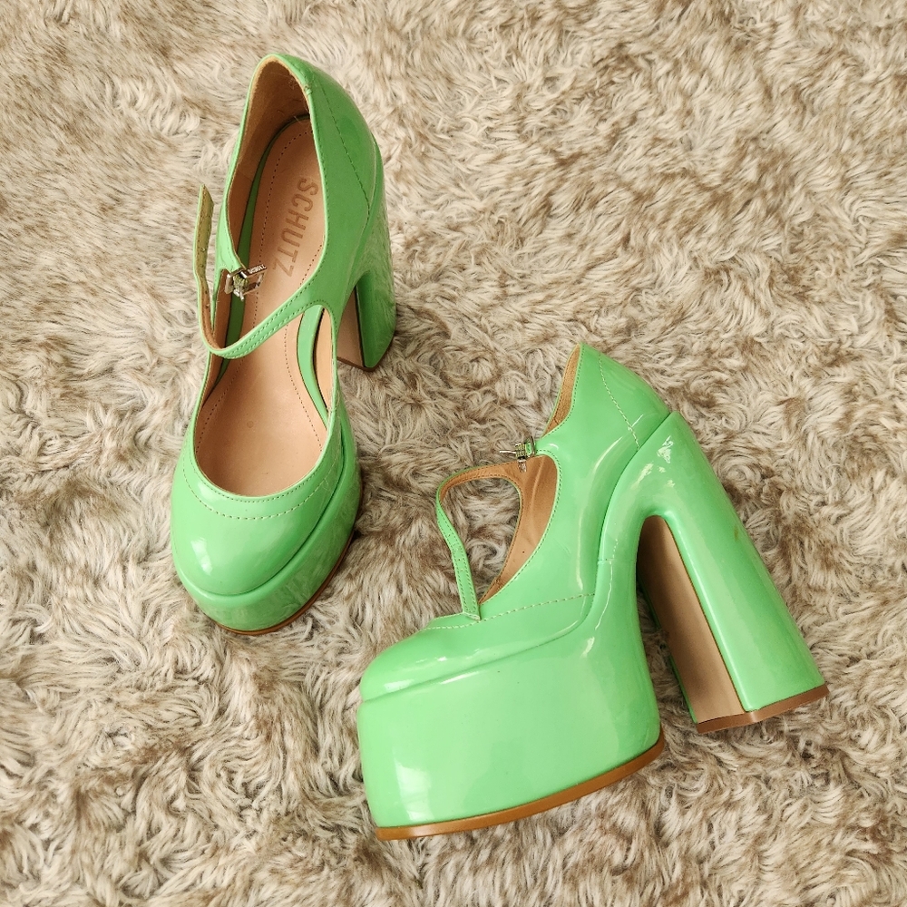 SCHUTZ Zayne Platform Mary Jane Heels Gianni Green Women's Size 7